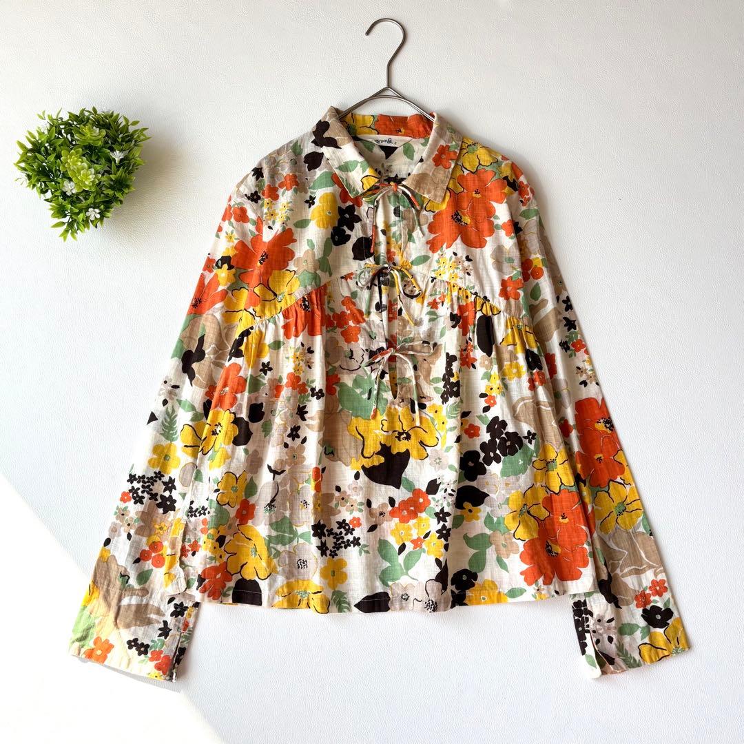 45rpm 長袖ブラウス　チュニック　花柄　マルチカラー　リボン　コットン100