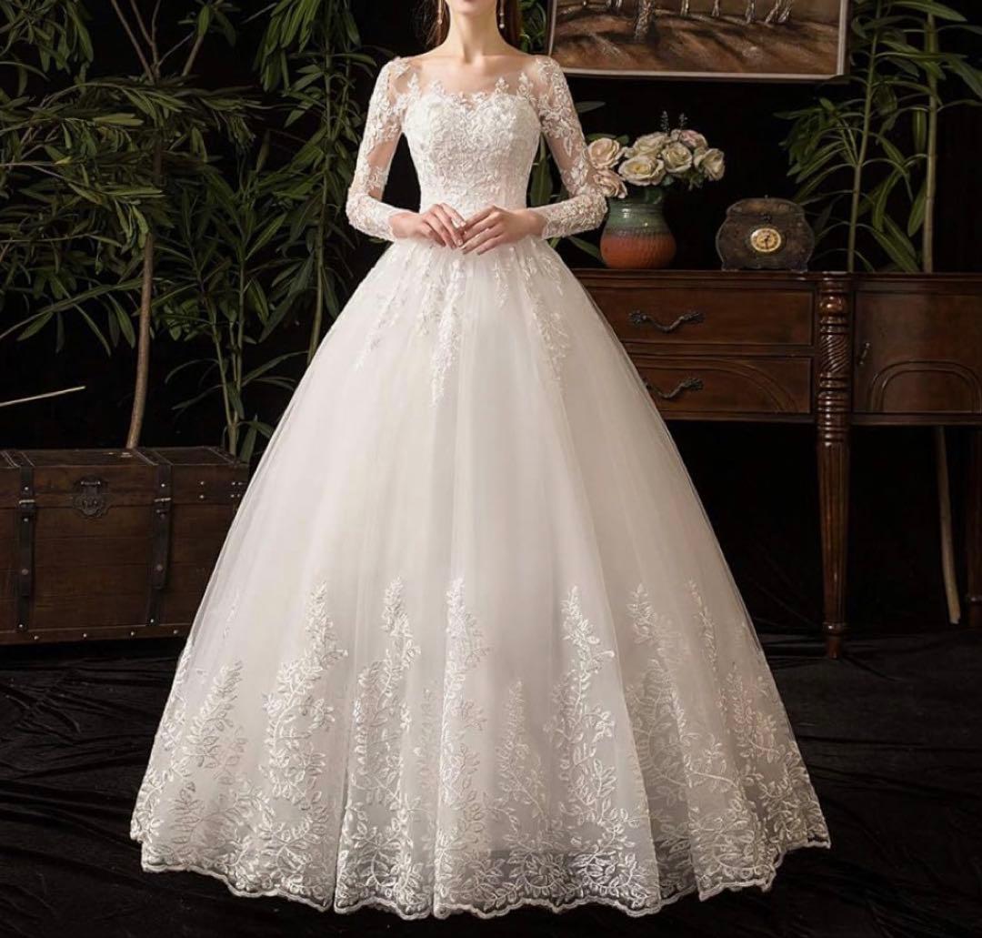 ホワイト レースウェディングドレス Aライン