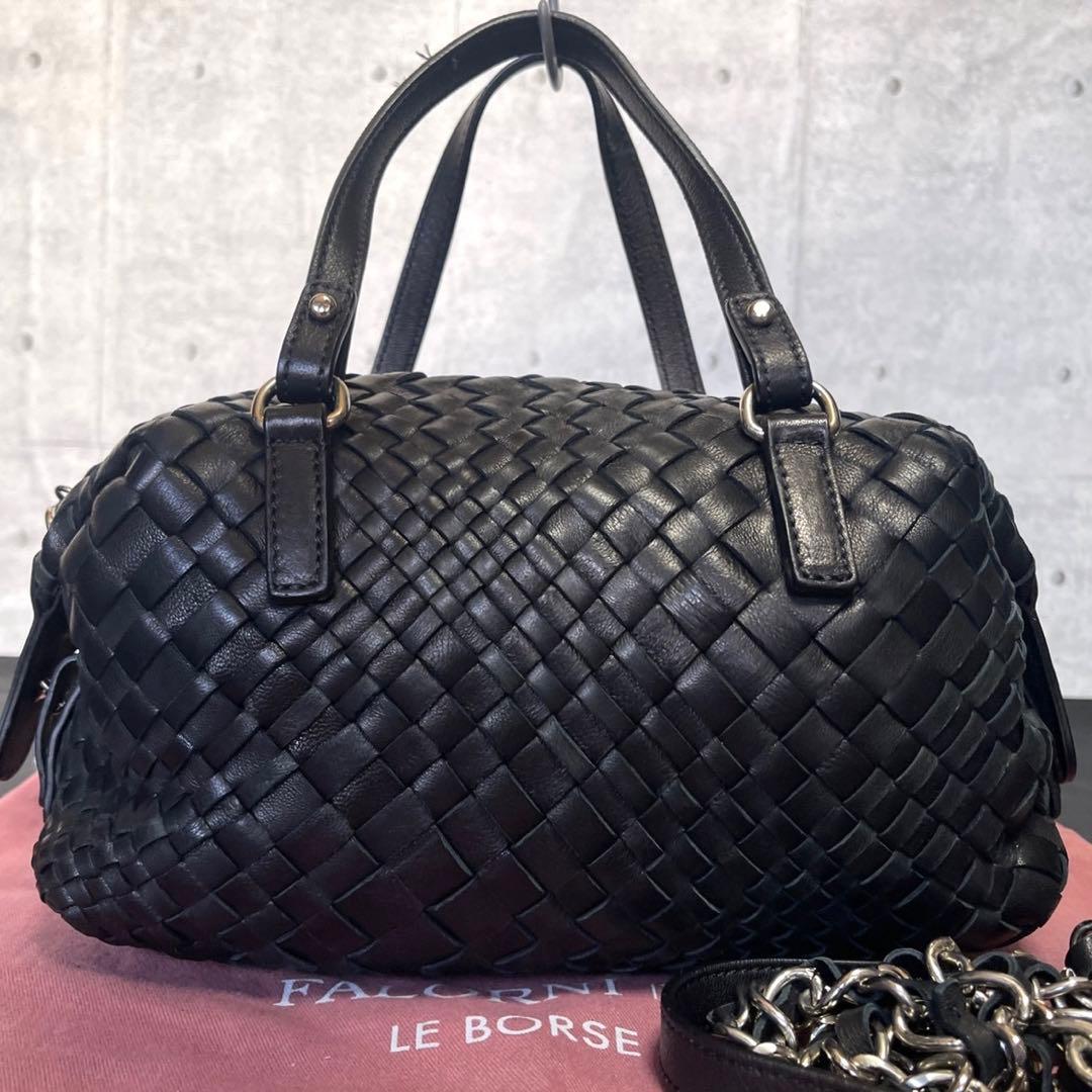 専用品FALORNI イントレチャート ブラック レザー 2WAYハンドバッグ