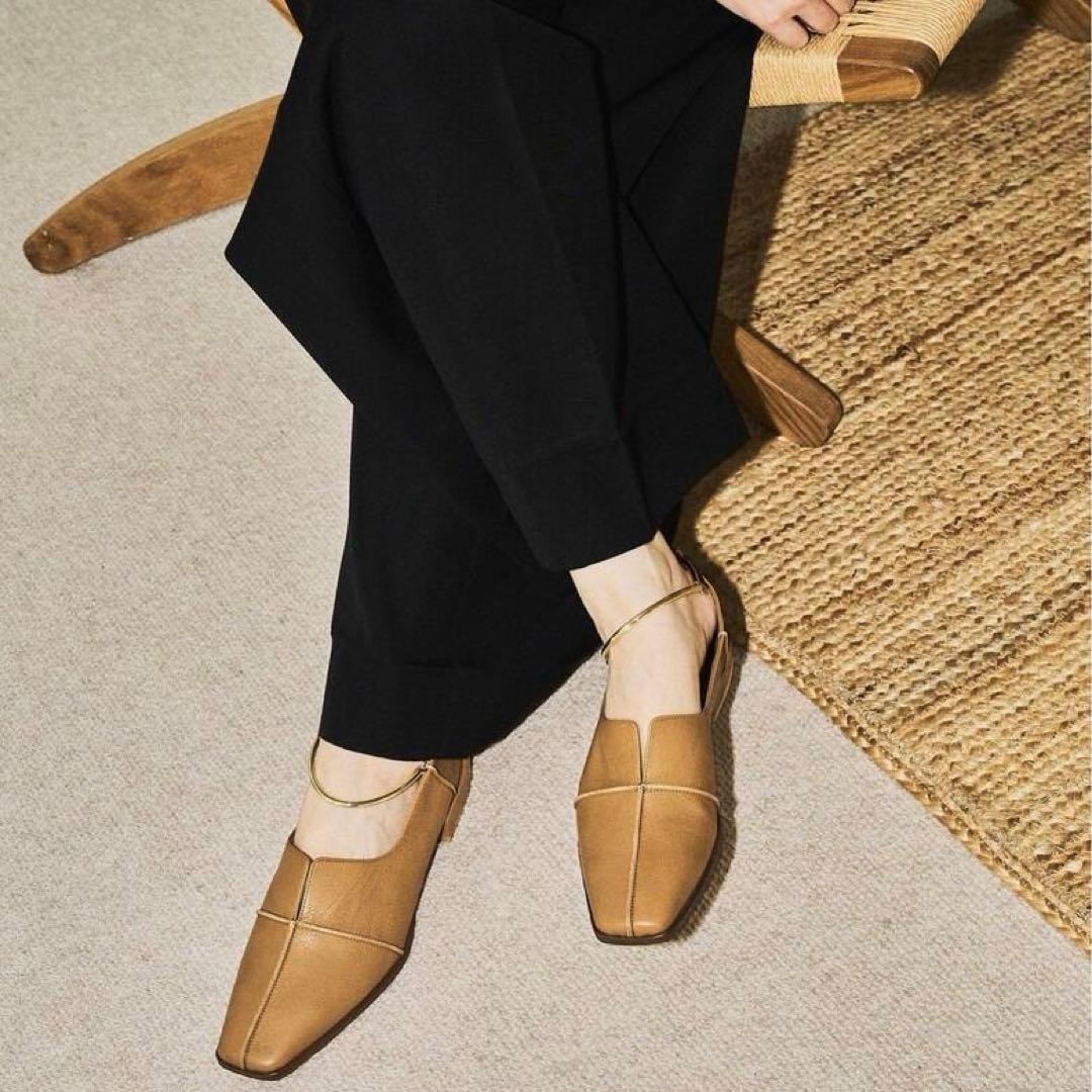 美品☆グリーズ 25cm パンプス レザースクエアクロスシームアンクルフラット