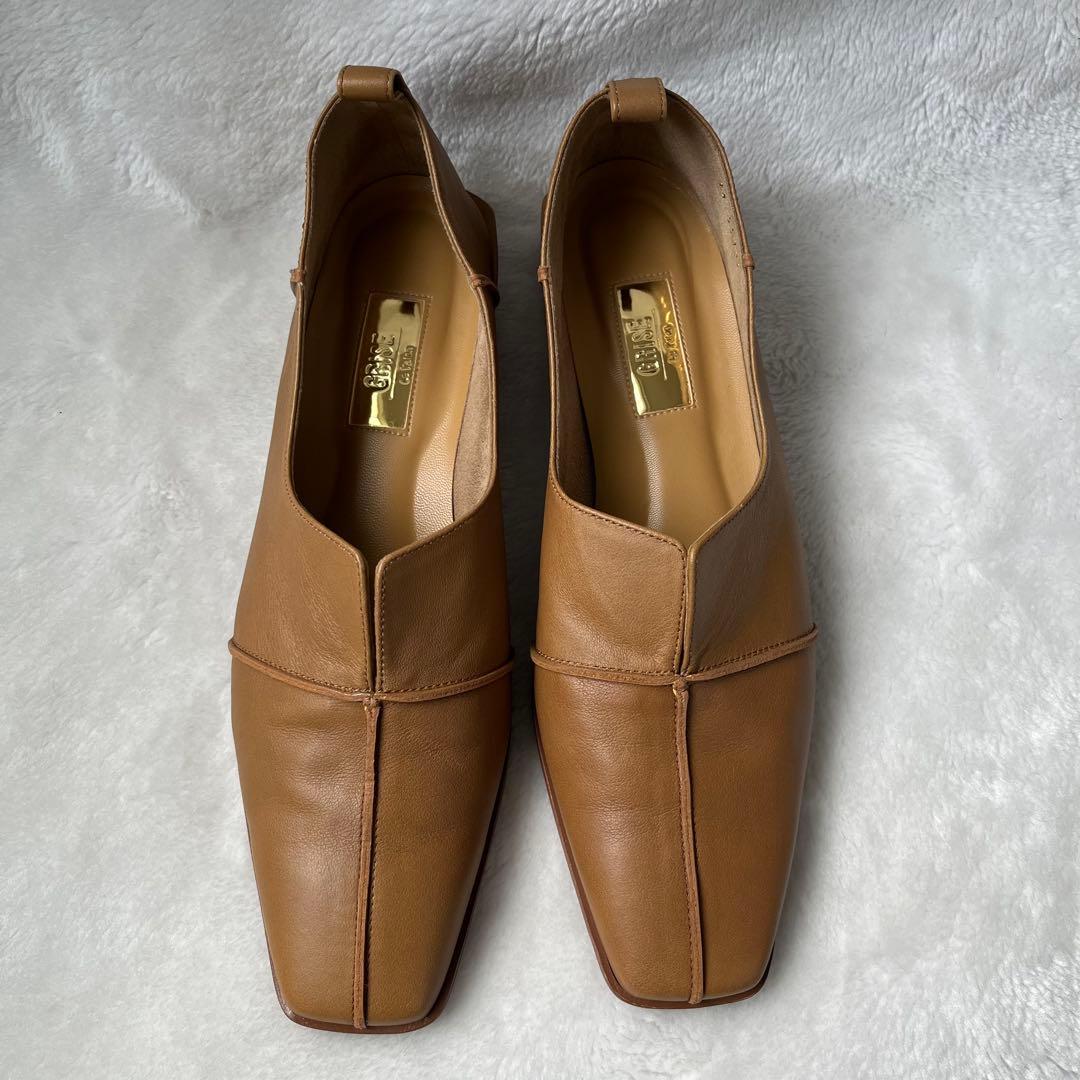 美品☆グリーズ 25cm パンプス レザースクエアクロスシームアンクルフラット