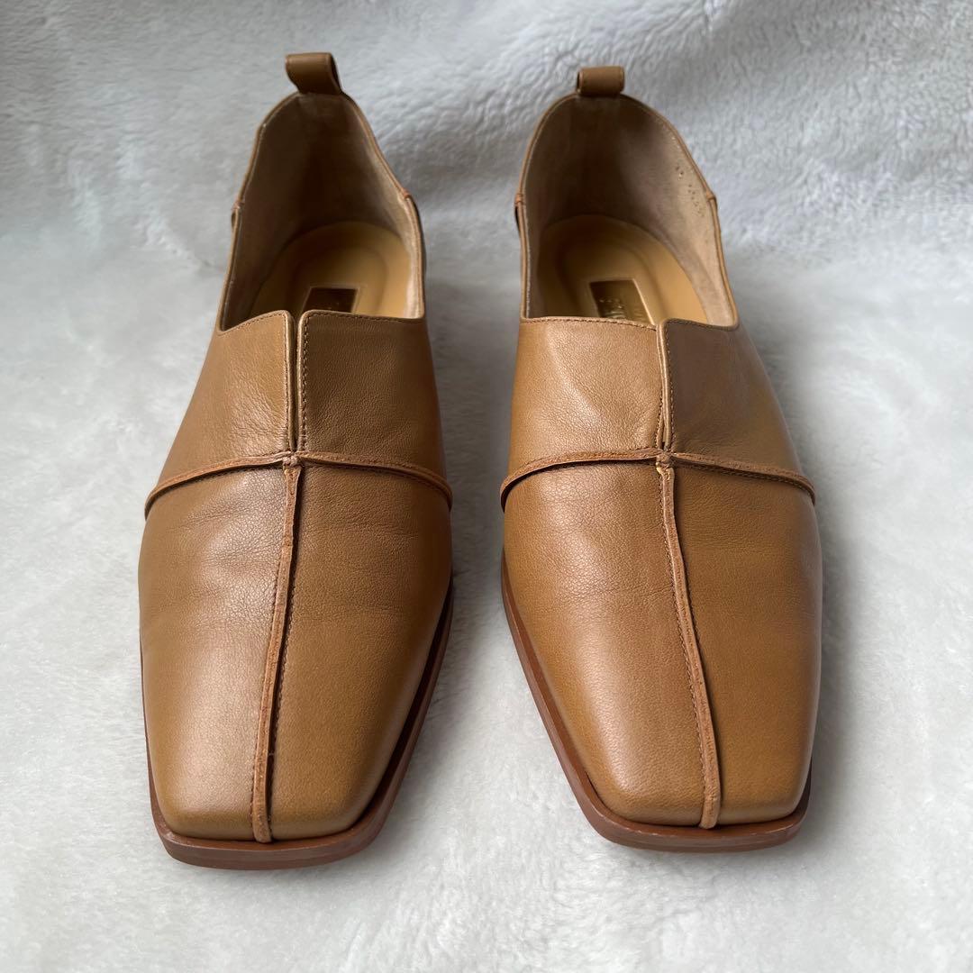 美品☆グリーズ 25cm パンプス レザースクエアクロスシームアンクルフラット