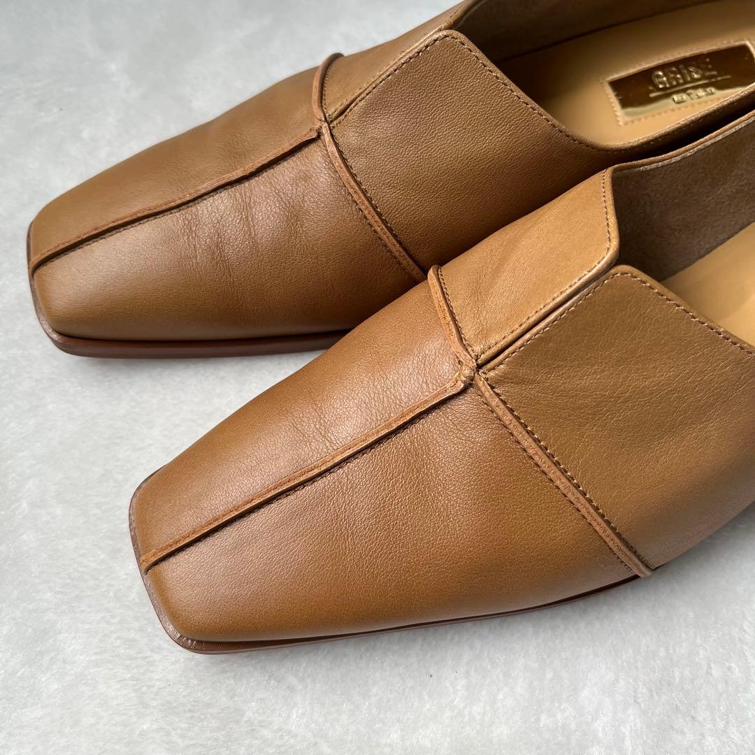 美品☆グリーズ 25cm パンプス レザースクエアクロスシームアンクルフラット