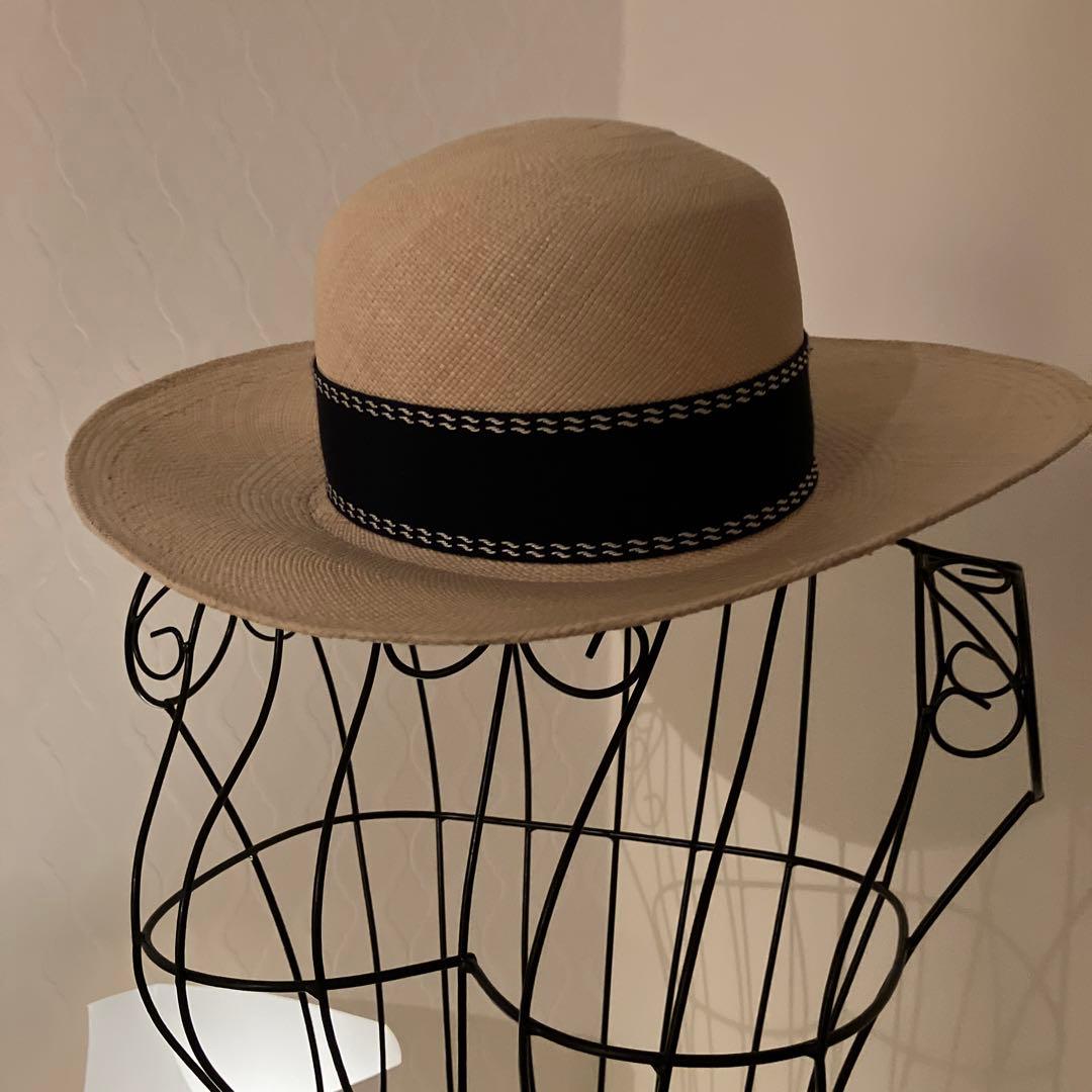 美品 HERMES ハット 帽子 ネイビー 57 ストローハット 麦わら帽子