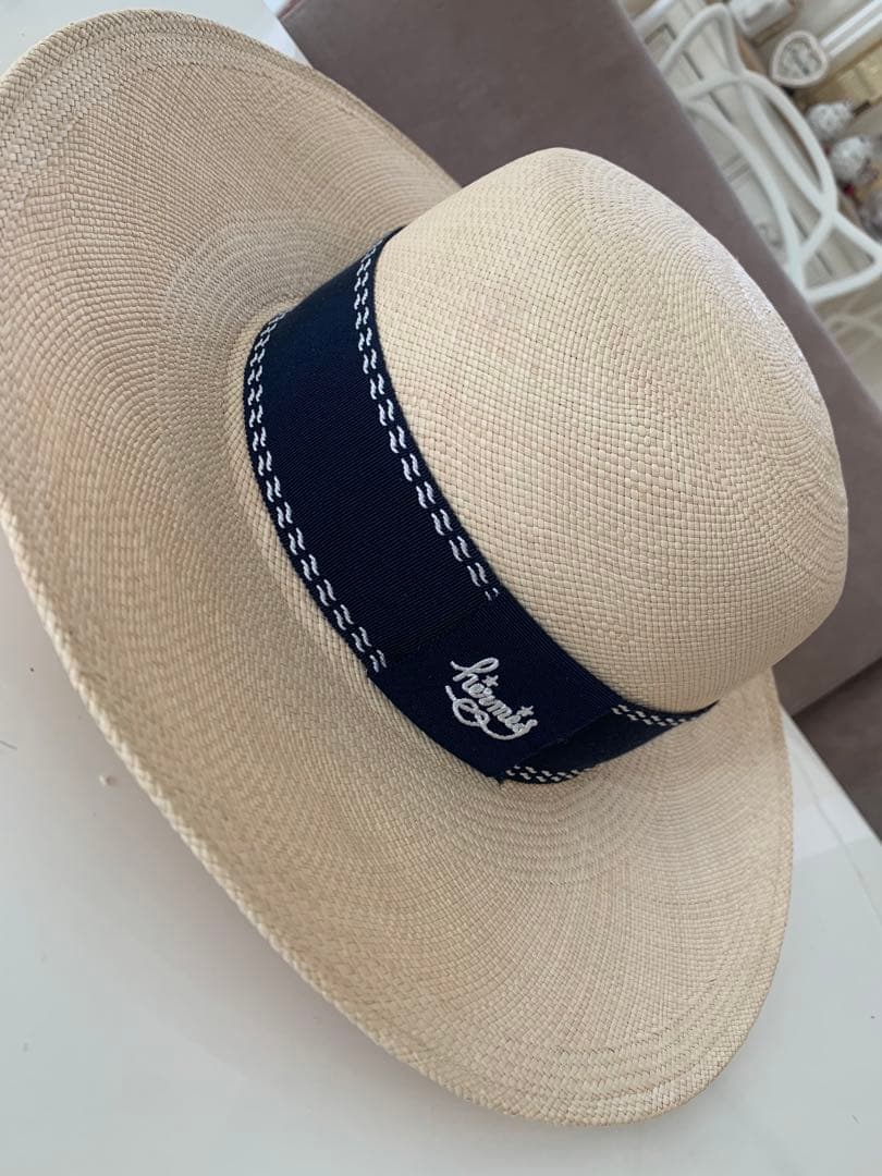 美品 HERMES ハット 帽子 ネイビー 57 ストローハット 麦わら帽子