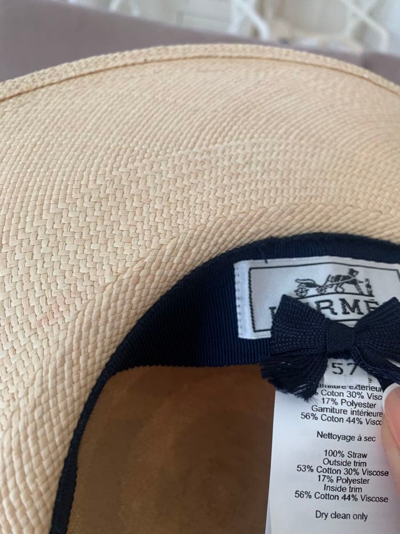 美品 HERMES ハット 帽子 ネイビー 57 ストローハット 麦わら帽子
