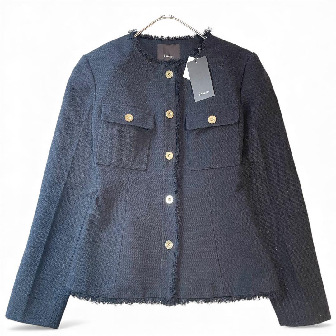 25SS✨タグ付✨anuans ツイードノーカラーフォルムジャケット 紺ブレ 金