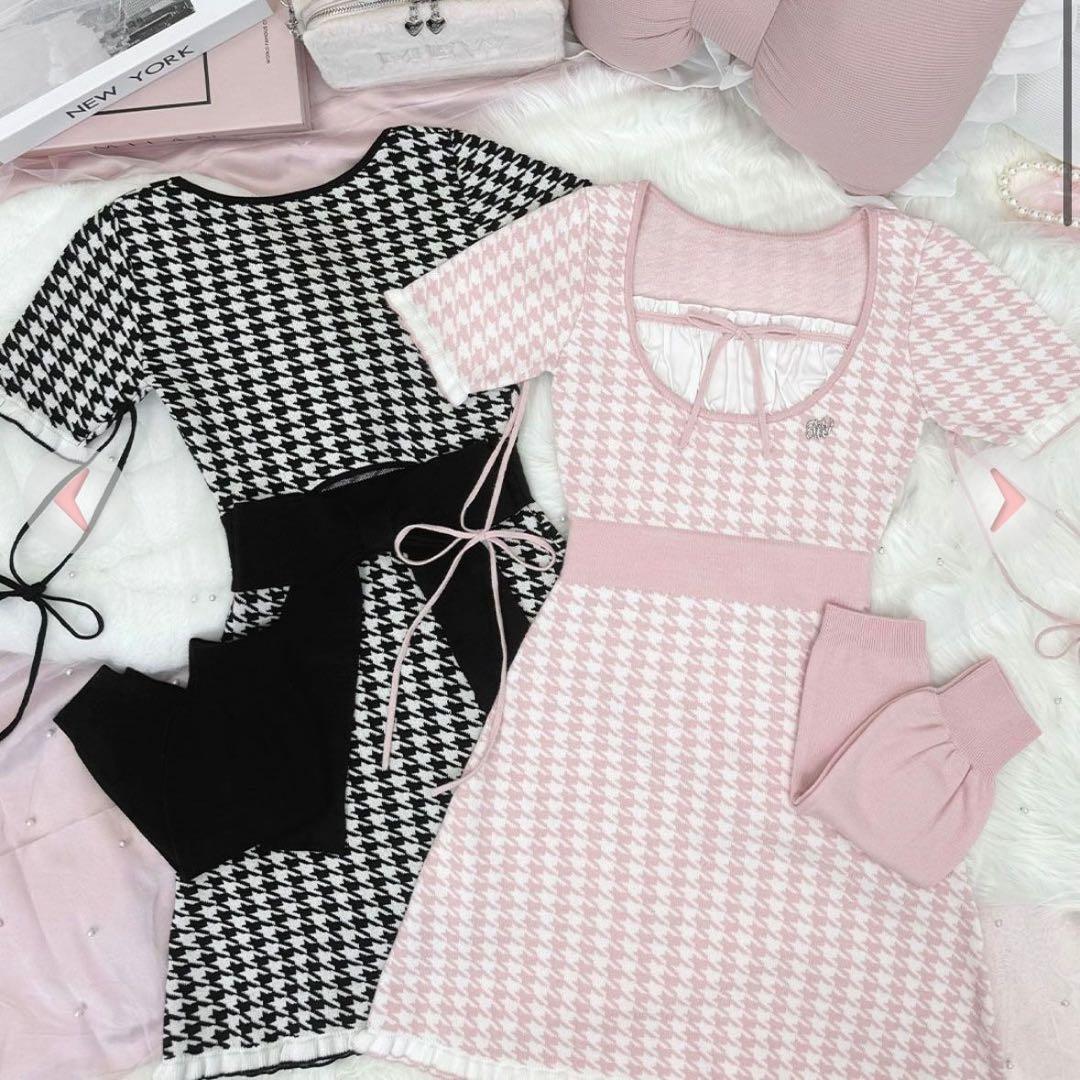 HONEY MEW ハニーミュウ アームカバー付きバックリボン千鳥ワンピース