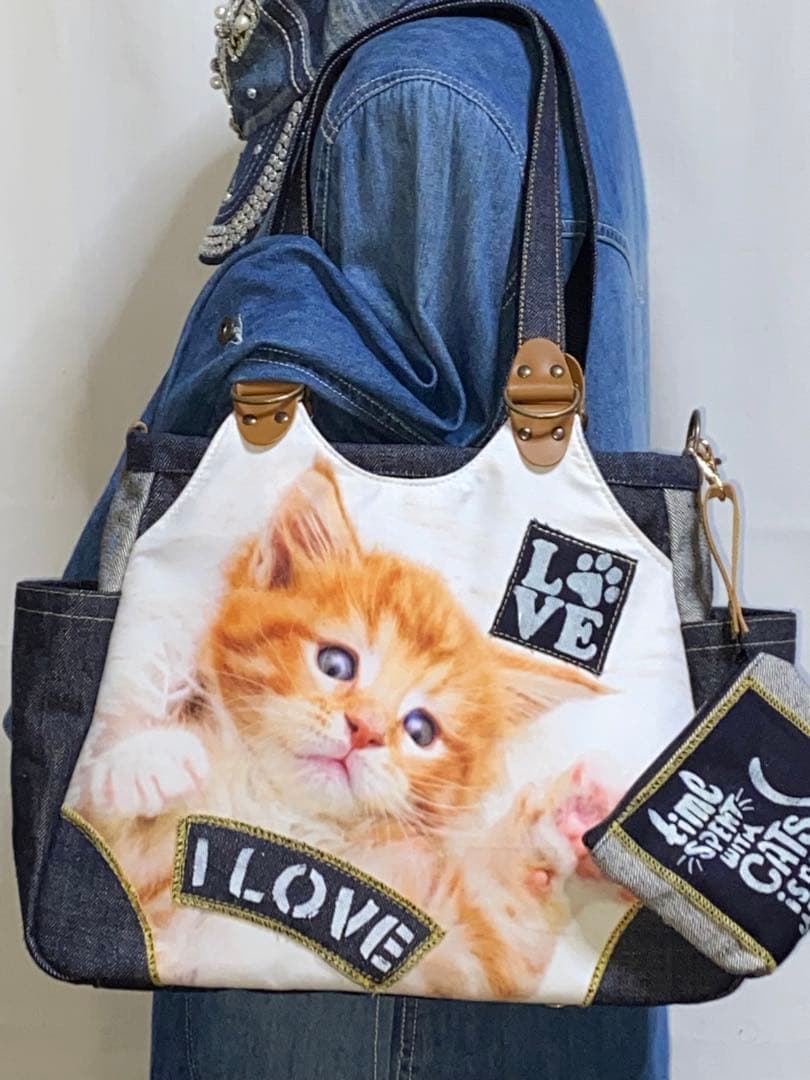 お値下げ☆岡山デニム☆子猫☆トラネコ☆リュック対応☆4wayあおりバッグ