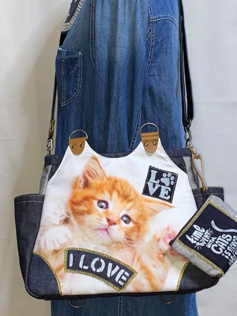お値下げ☆岡山デニム☆子猫☆トラネコ☆リュック対応☆4wayあおりバッグ