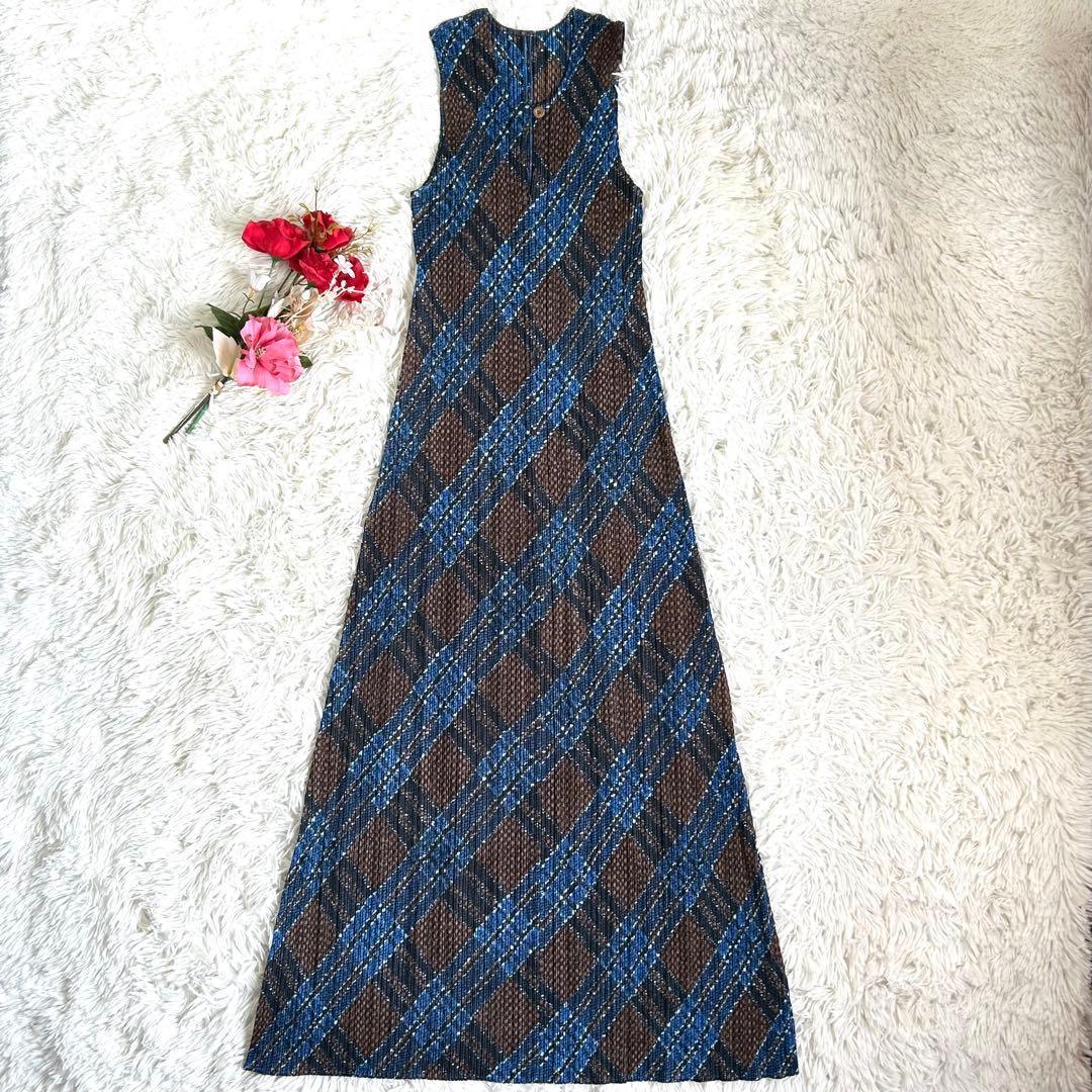 【美品】レアカラー プリーツプリーズ マキシ丈 ワンピース チェック 3 L