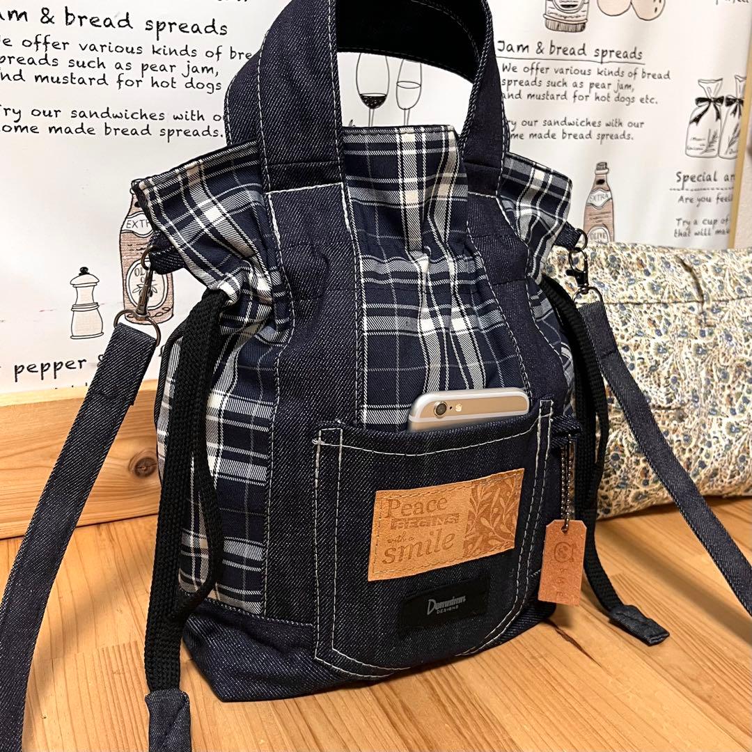 デニムリメイク タータンチェック 巾着 ショルダーバッグ ★2wayハンドメイド
