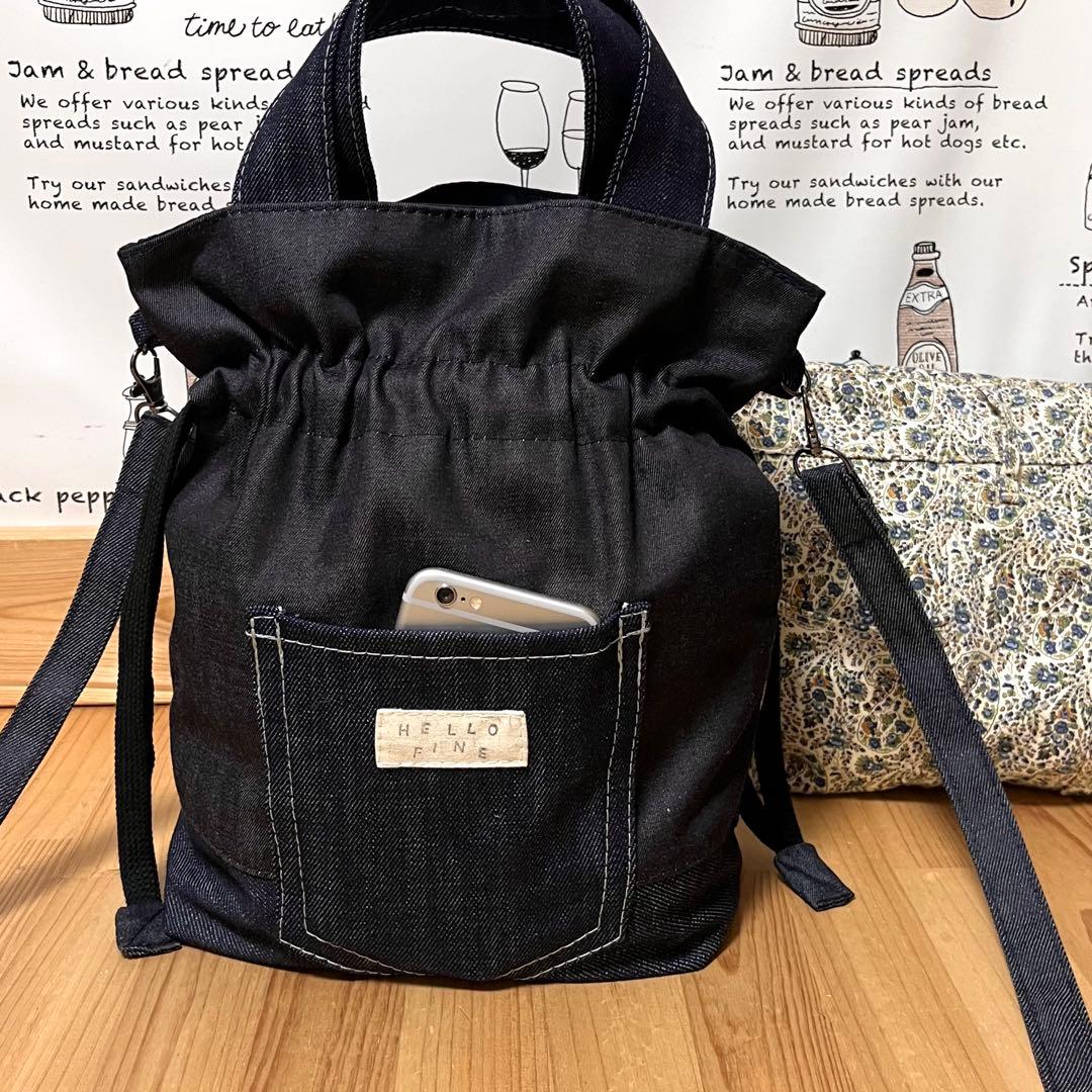 デニムリメイク タータンチェック 巾着 ショルダーバッグ ★2wayハンドメイド