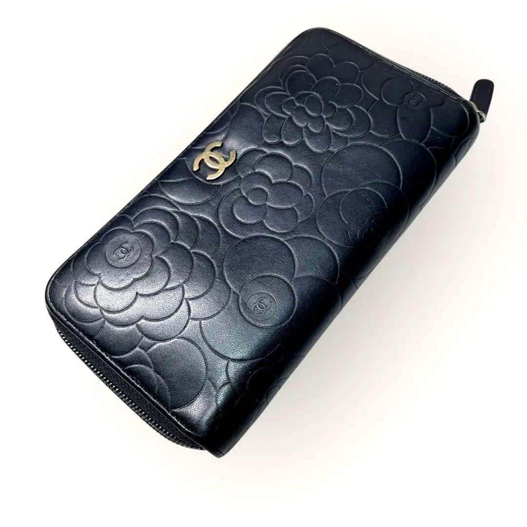 美品✨ CHANEL シャネル カメリア ラウンドジップ 長財布 黒 ゴールド