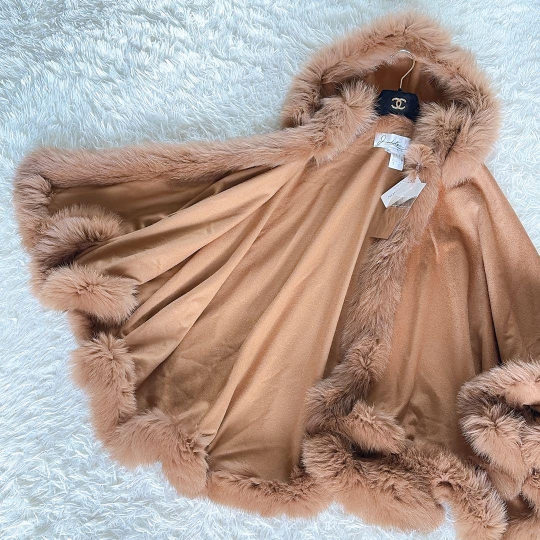 新品タグ付き【JWhite】カシミヤ100% フォックスファー フード付ポンチョ
