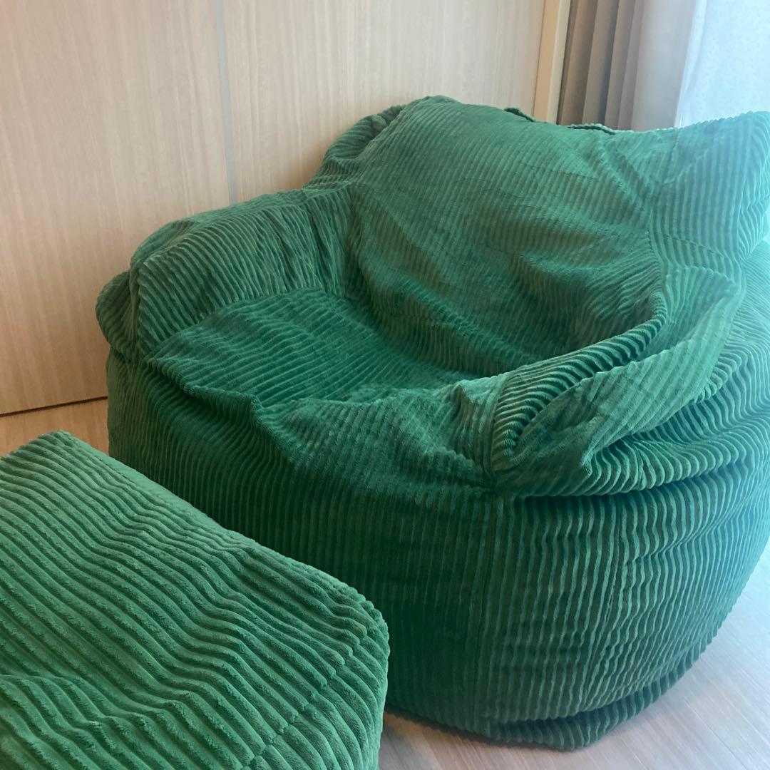 HUGME 1人掛けビーズソファ グリーン(オットマンつき)