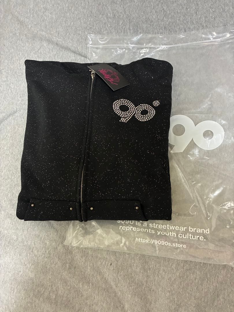 90s スパンコール付きフードパーカー ブラック