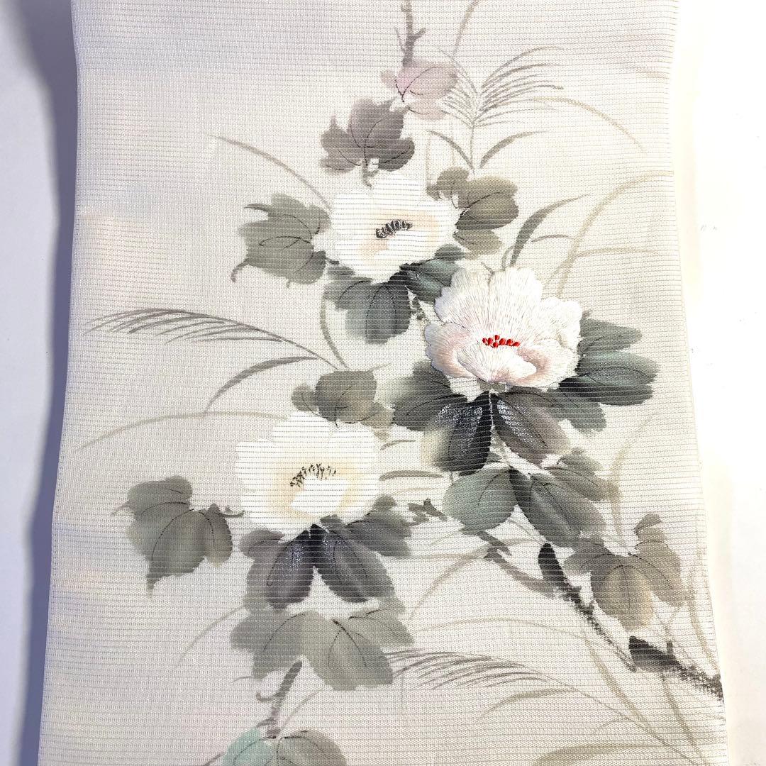 5k897 名古屋帯　絹　夏帯　夏物　絽　落款　旭峯　手書き　蘇州刺繍　白　花柄