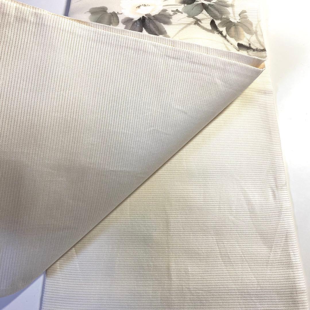 5k897 名古屋帯　絹　夏帯　夏物　絽　落款　旭峯　手書き　蘇州刺繍　白　花柄