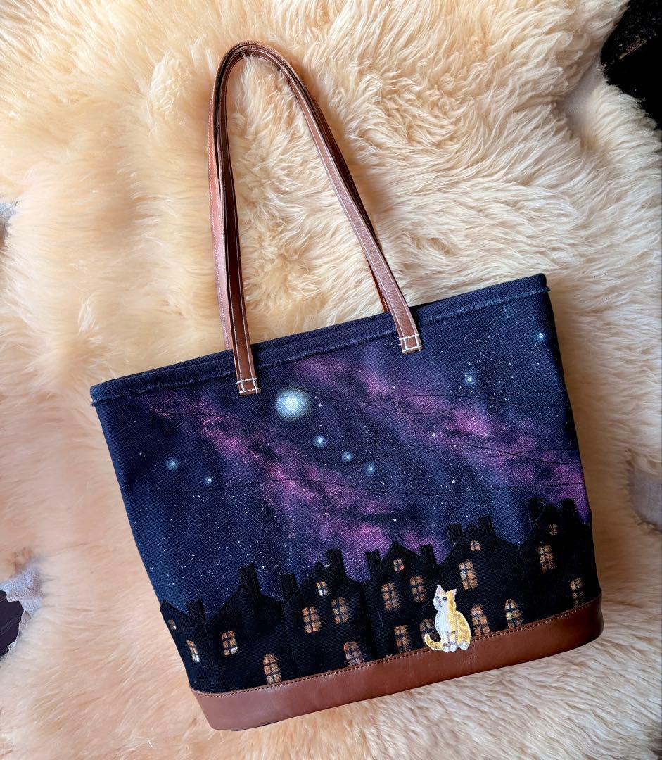 みーこ(^ー^)\"夜な夜なねこの集会\"ネコ夜空のトートバッグ