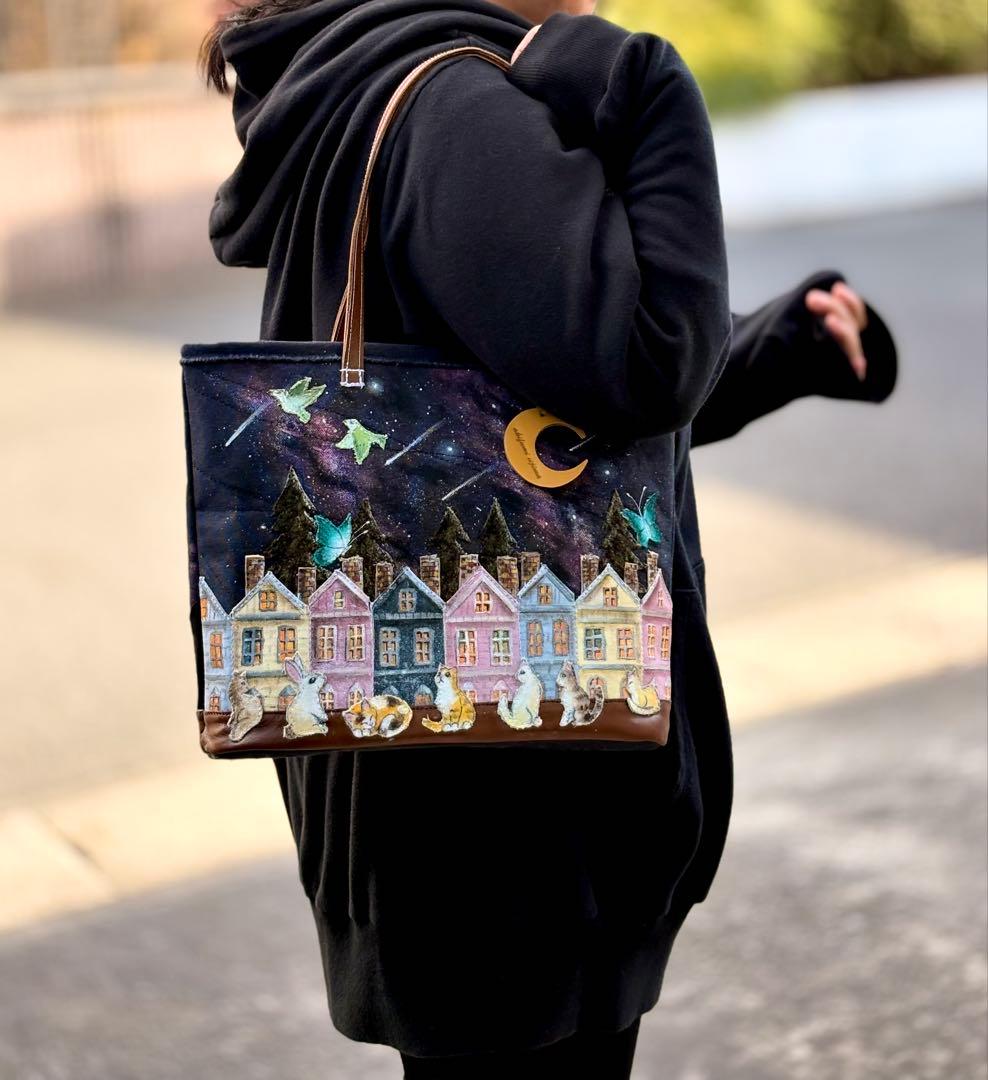 みーこ(^ー^)\"夜な夜なねこの集会\"ネコ夜空のトートバッグ