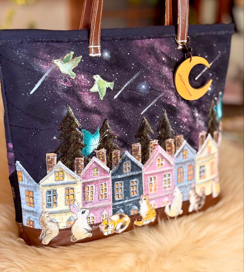 みーこ(^ー^)\"夜な夜なねこの集会\"ネコ夜空のトートバッグ