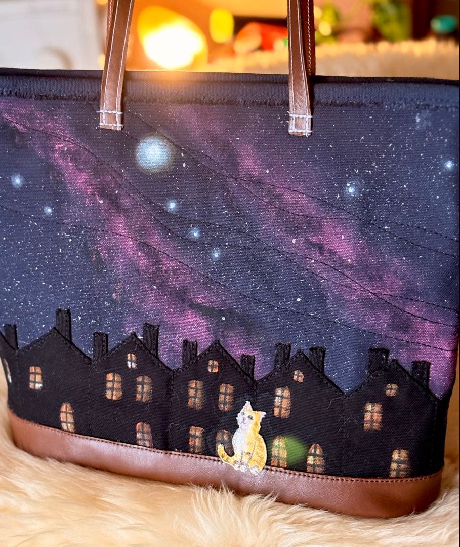 みーこ(^ー^)\"夜な夜なねこの集会\"ネコ夜空のトートバッグ