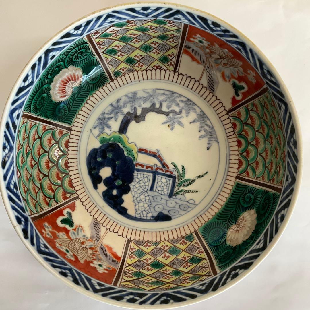 九谷焼　大聖寺伊万里　色絵草花山水鶴文深鉢　江戸時代中期から後期頃