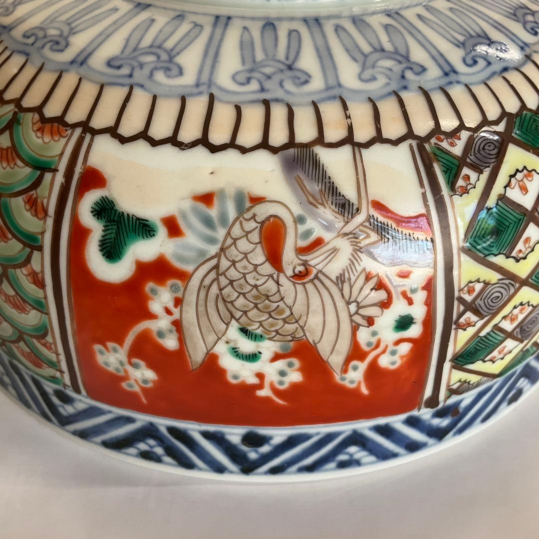 九谷焼　大聖寺伊万里　色絵草花山水鶴文深鉢　江戸時代中期から後期頃