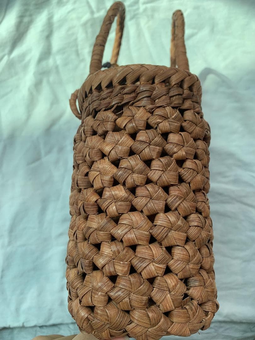 ✨美品✨六角花結び編み 山葡萄 かごバッグ 職人手編み 手提げ 内布付き