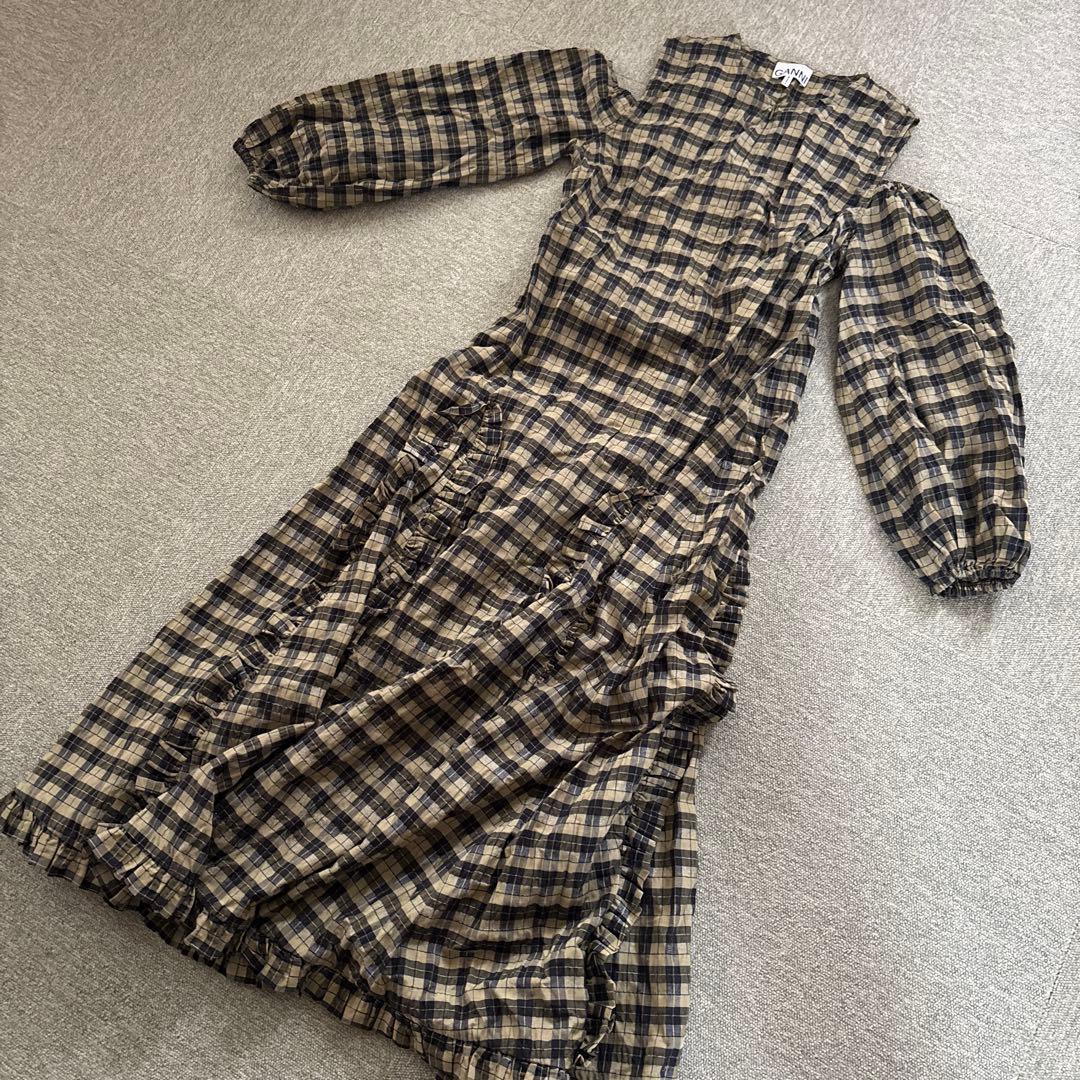 GANNI チェック柄 ロングワンピース 長袖