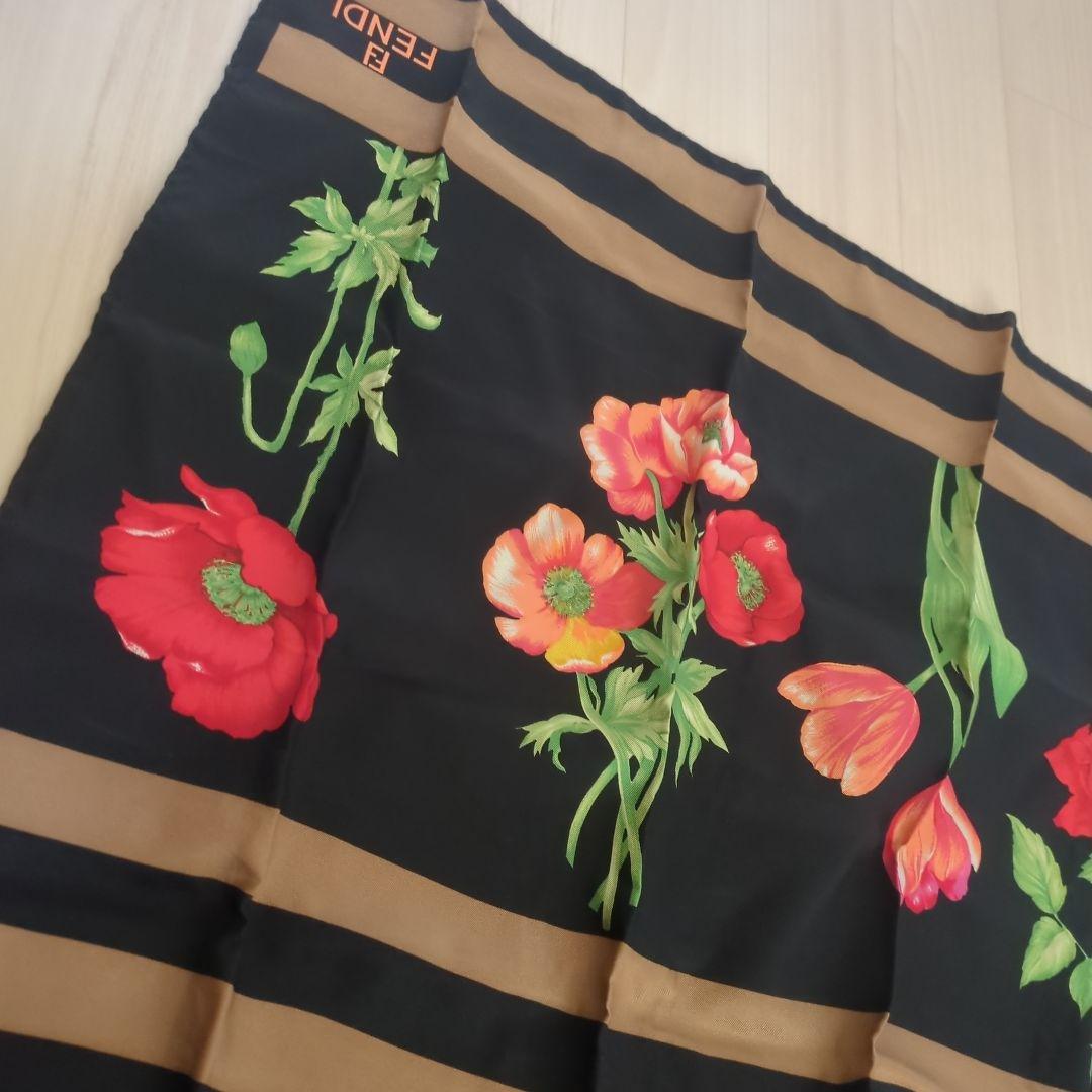 フェンディ FENDI スカーフ ストール 大判 シルク 絹 ボーダー 花柄 薔