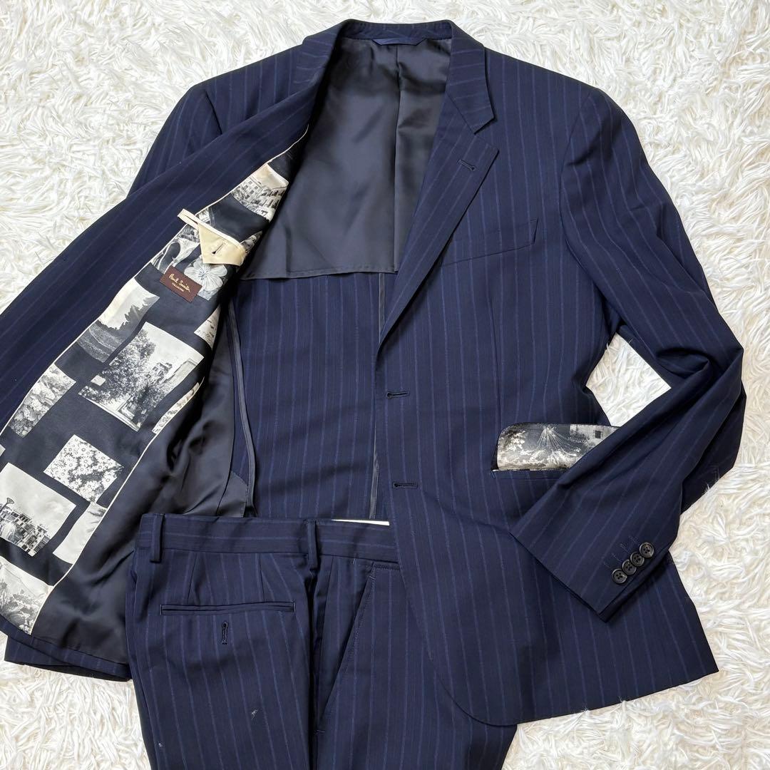 Paul Smith ポールスミス スーツ シルク混 ストライプ ネイビー XL