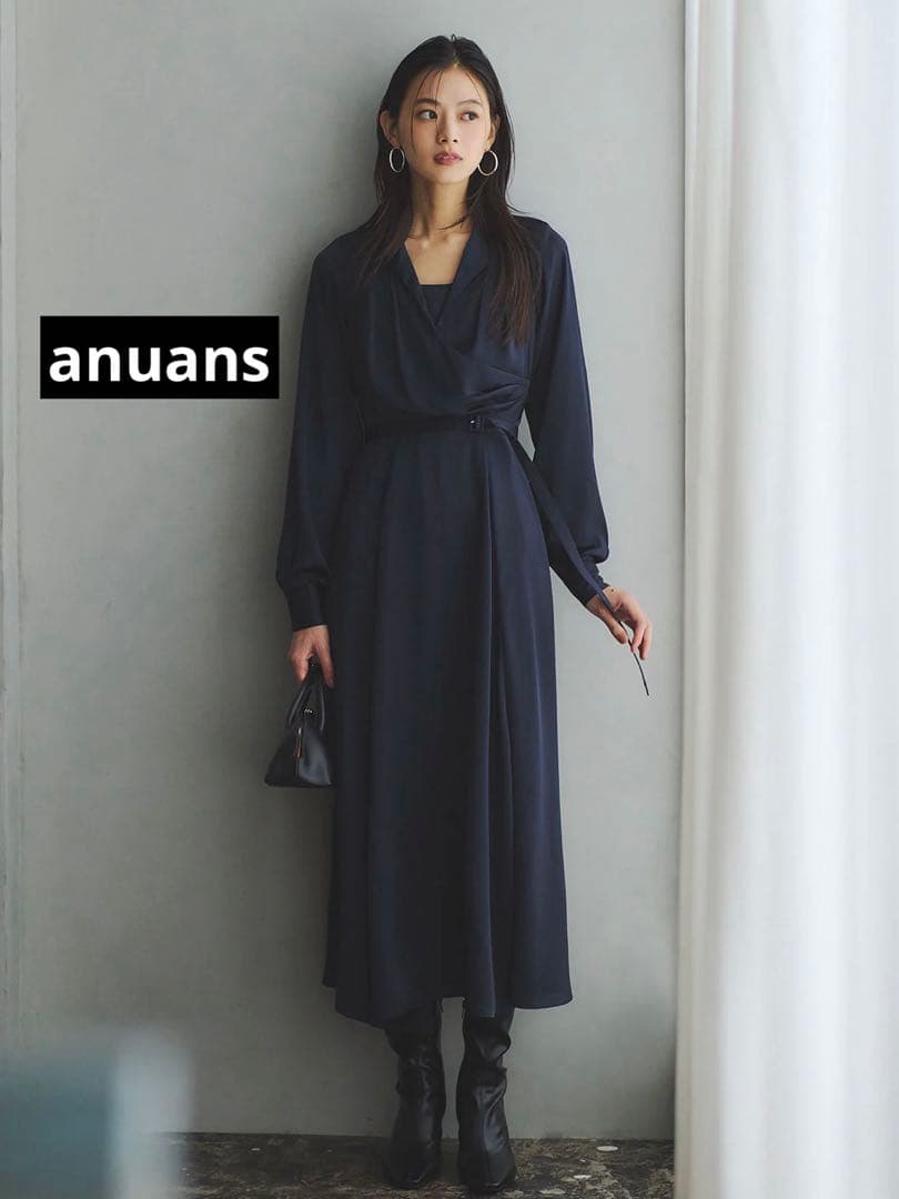 anuans サテンオープンカラーフレアワンピース