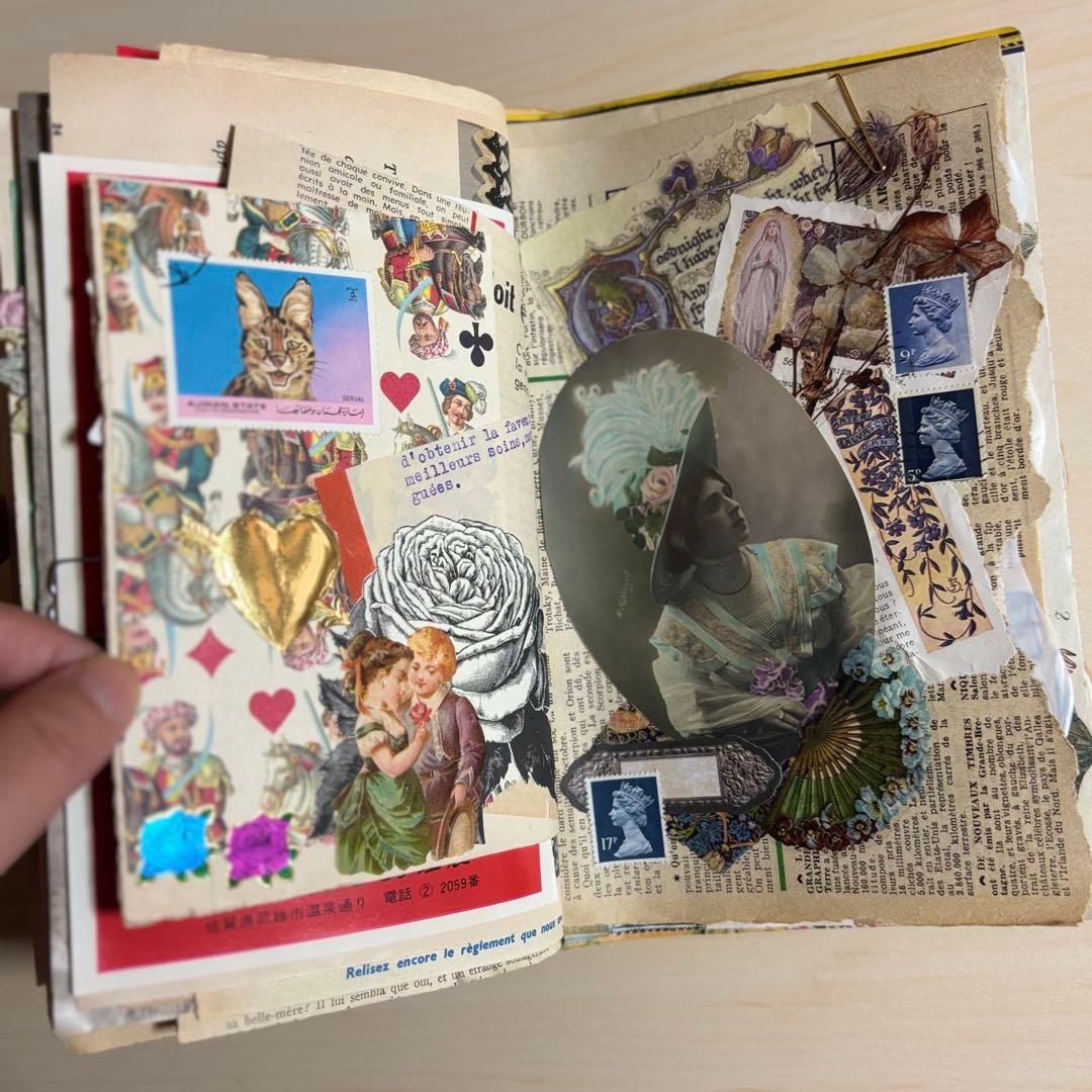 猫のジャンクジャーナル　コラージュ　おすそ分け　紙もの　ラベル　素材　絵本