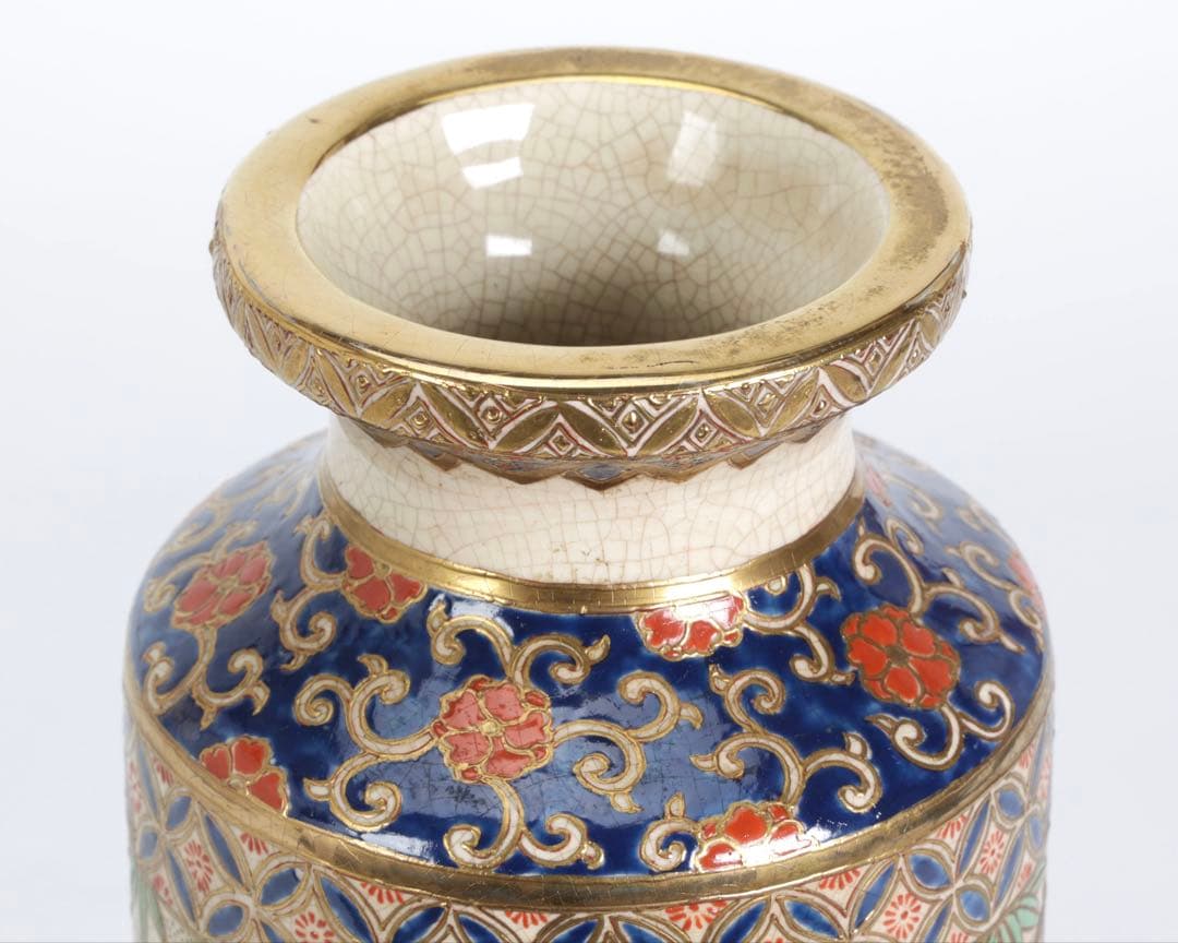 明治期 薩摩焼【薩摩十字家紋】金襴手 竹梅菊文 花瓶 花器 壺 古美術 骨董品