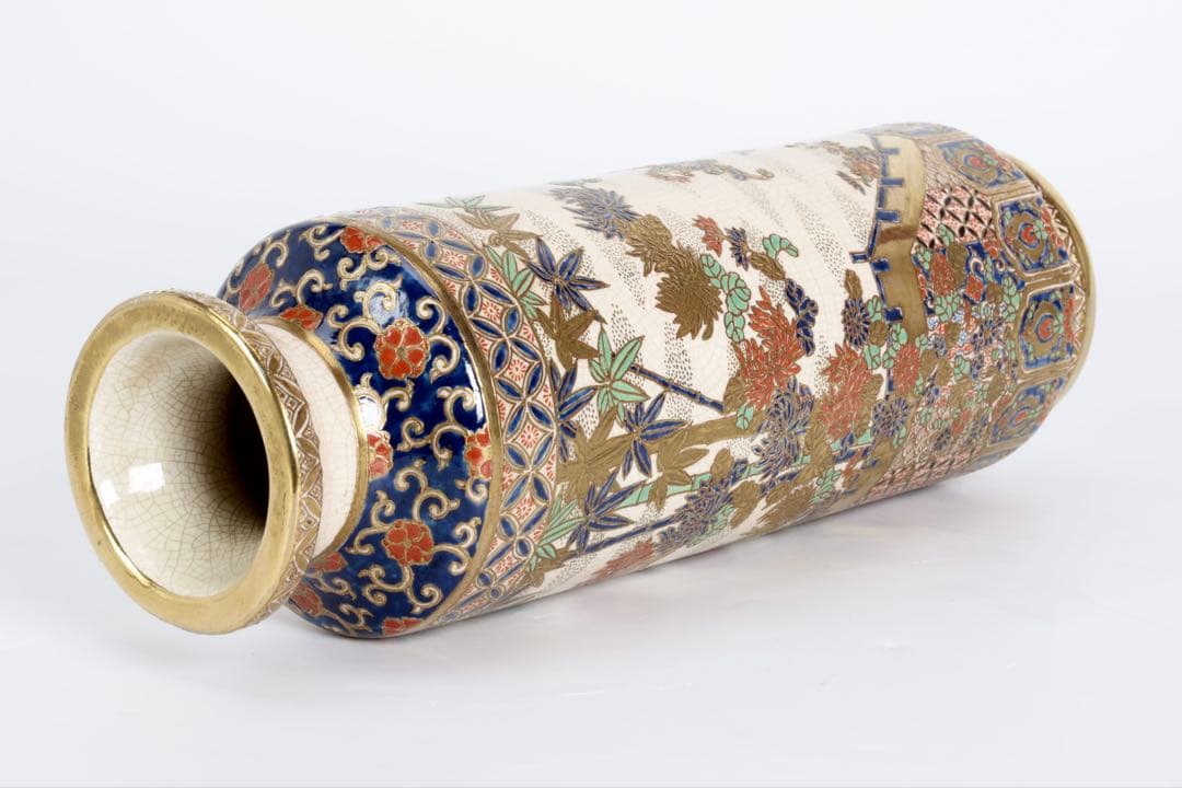 明治期 薩摩焼【薩摩十字家紋】金襴手 竹梅菊文 花瓶 花器 壺 古美術 骨董品