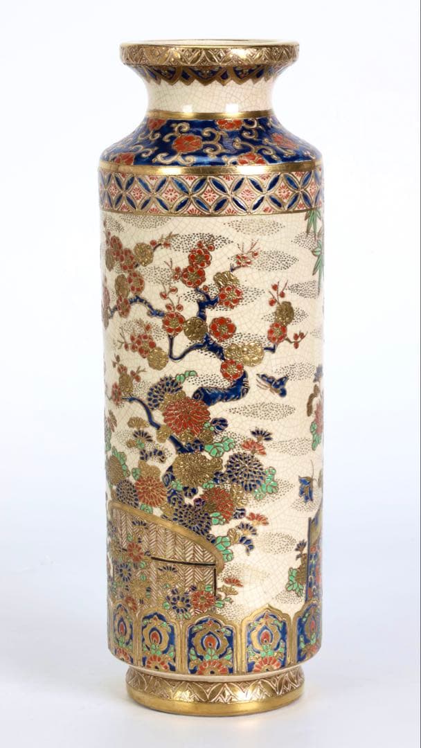 明治期 薩摩焼【薩摩十字家紋】金襴手 竹梅菊文 花瓶 花器 壺 古美術 骨董品