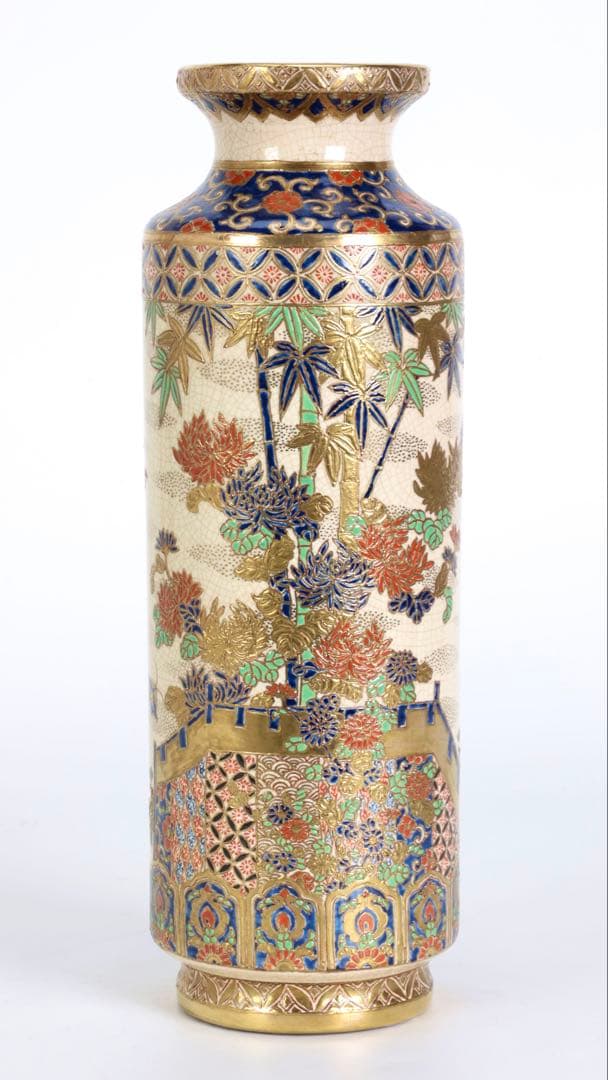 明治期 薩摩焼【薩摩十字家紋】金襴手 竹梅菊文 花瓶 花器 壺 古美術 骨董品