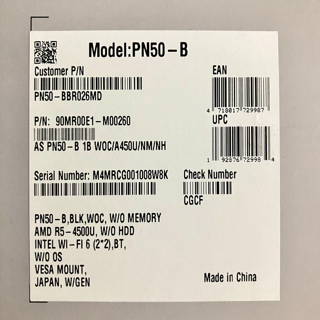 【中古】ASUS / ミニPC / ベアボーン / PN50-BBR026MD