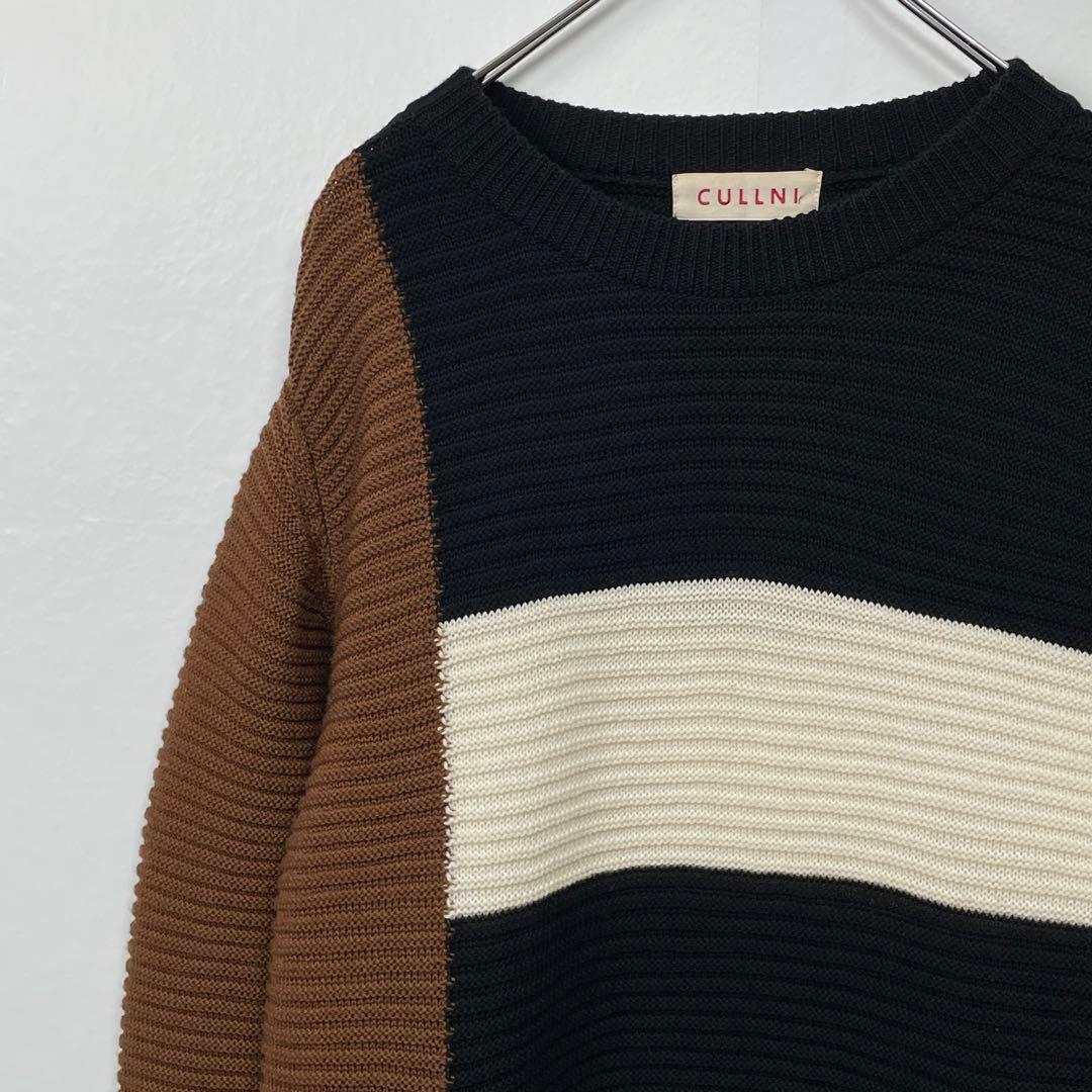CULLNI ブロックパターン　切替リブ編みクルーネックニットセーター