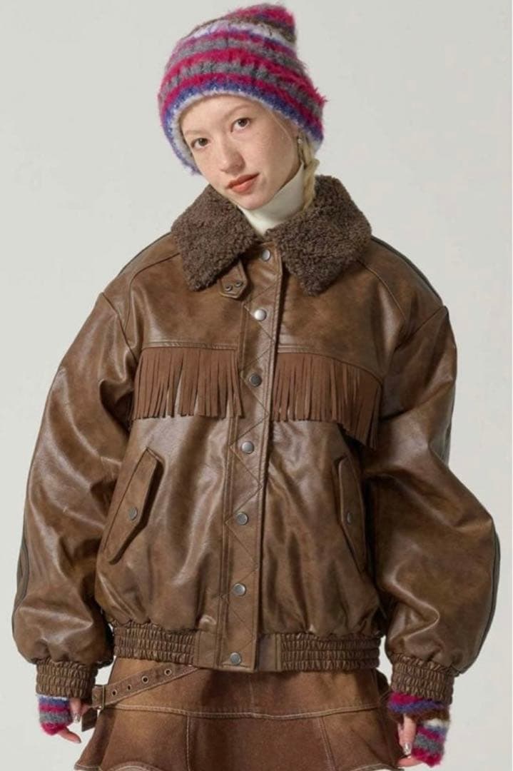 【完売商品】フェイクレザー ボンバージャケット ブラウン　TINA：JOJUN