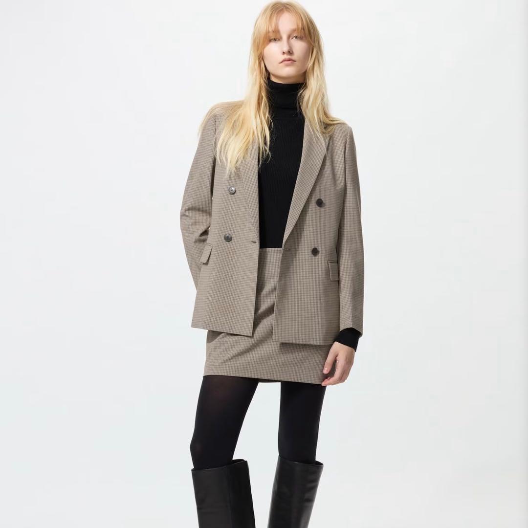 オンライン完売品 ユニクロ　ダブルジャケット 35 BROWN チェック　M