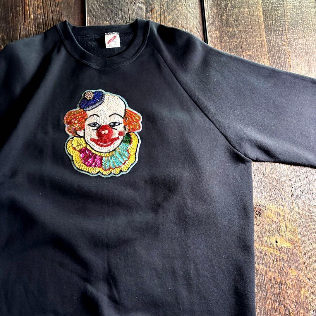 80s USA製　ジャージーズ　ラグランスウェット　ピエロスパンコール刺繍XL.