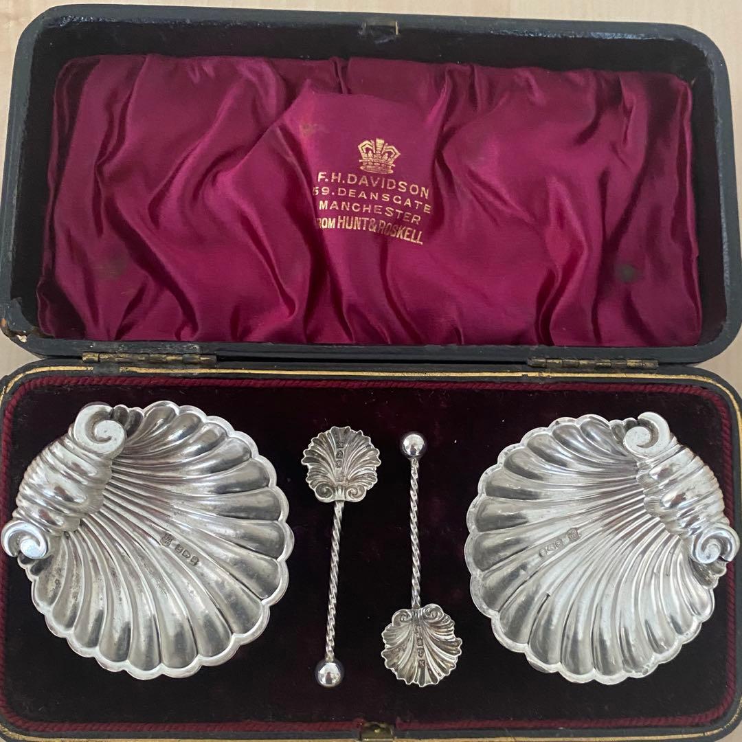 シェルトレイ　ペア　イギリスアンティーク　純銀　シルバー　ソルト入れ