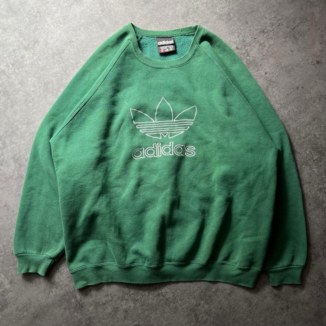 【即日発送・US古着】90s アディダス　トレフォイル　刺繍　スウェット　緑
