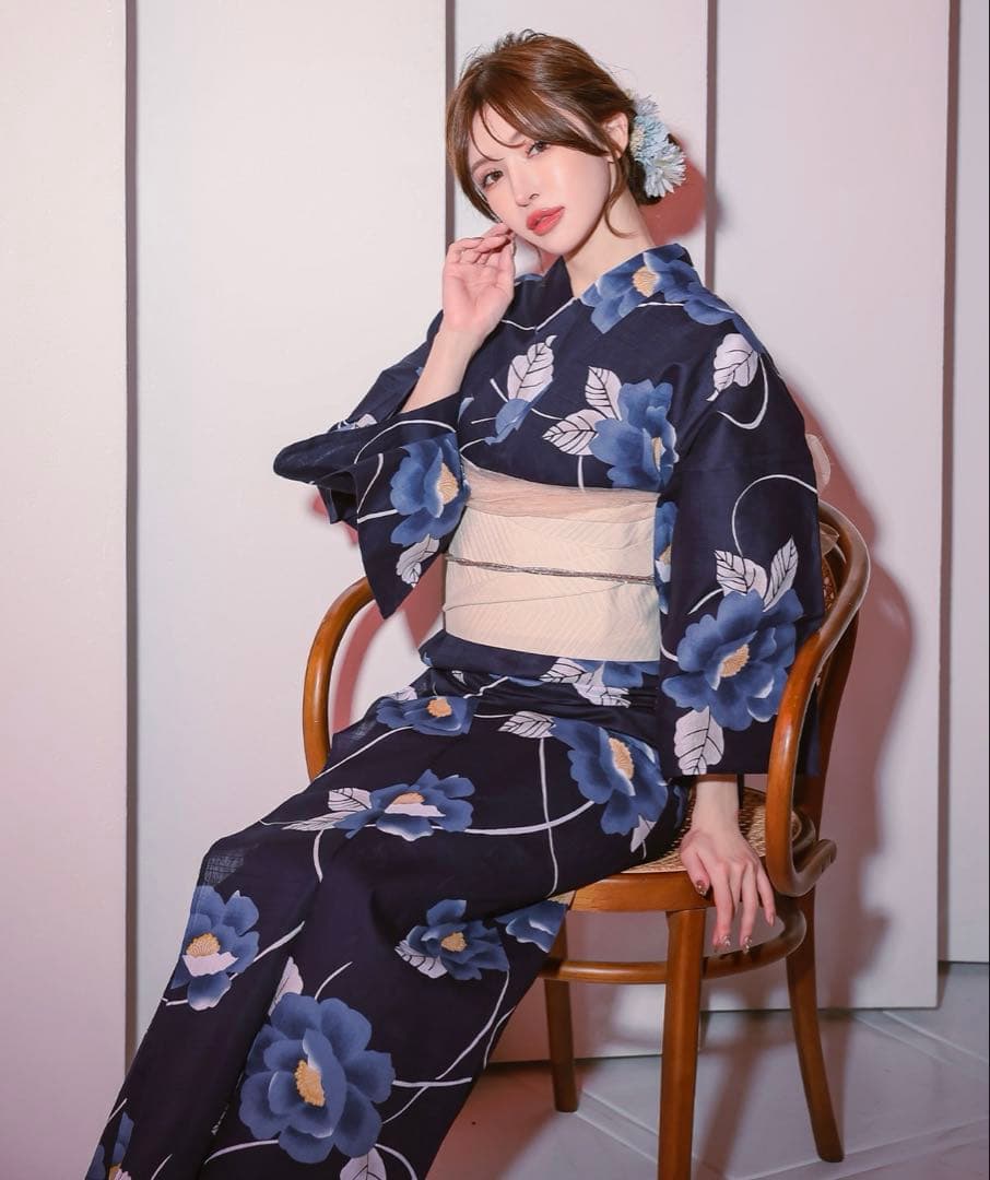 Retica浴衣セット レディース 紺地×青椿 ゆかた2点セット (浴衣 平帯)