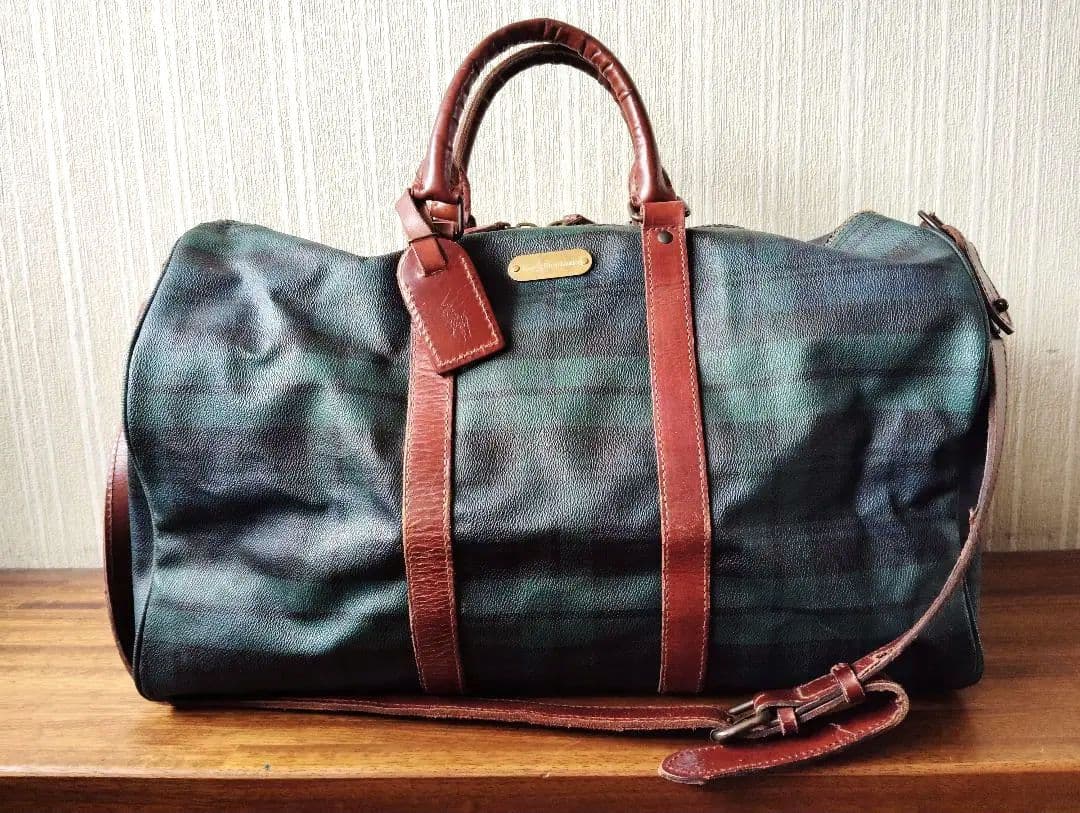 ポロ　ラルフローレン 　チェック柄　レザー　ボストンバッグ　Wファスナー