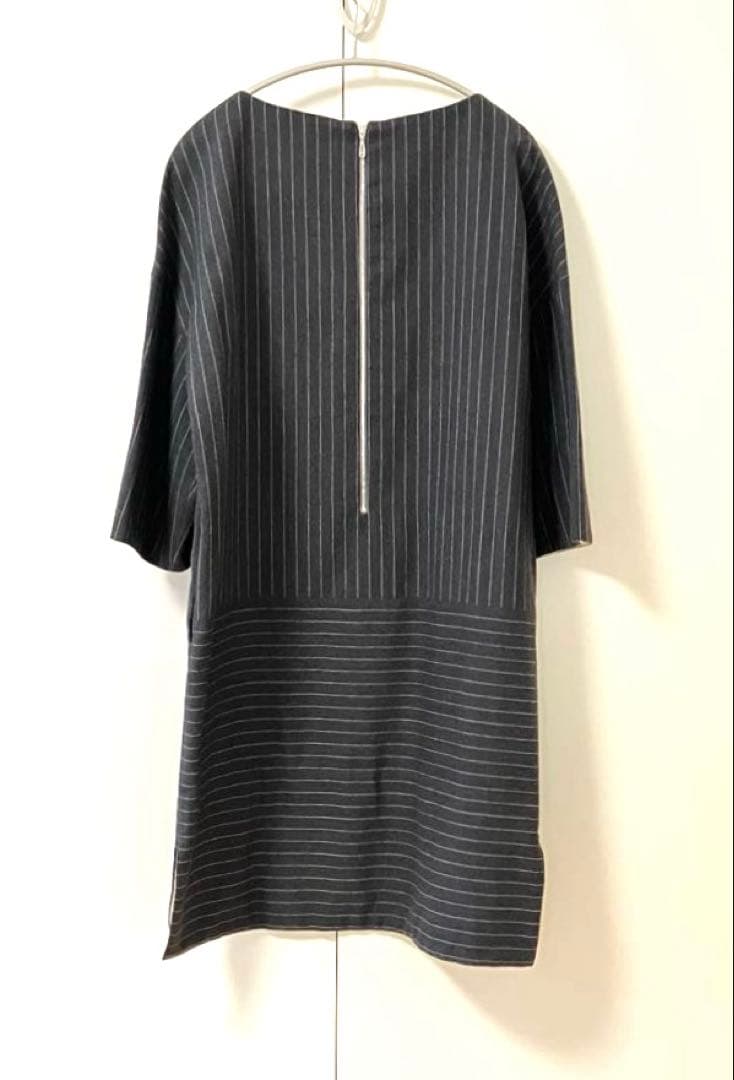 日本製【ADORE/アドーア】グレー・ストライプ・ウール100%七分袖チュニック