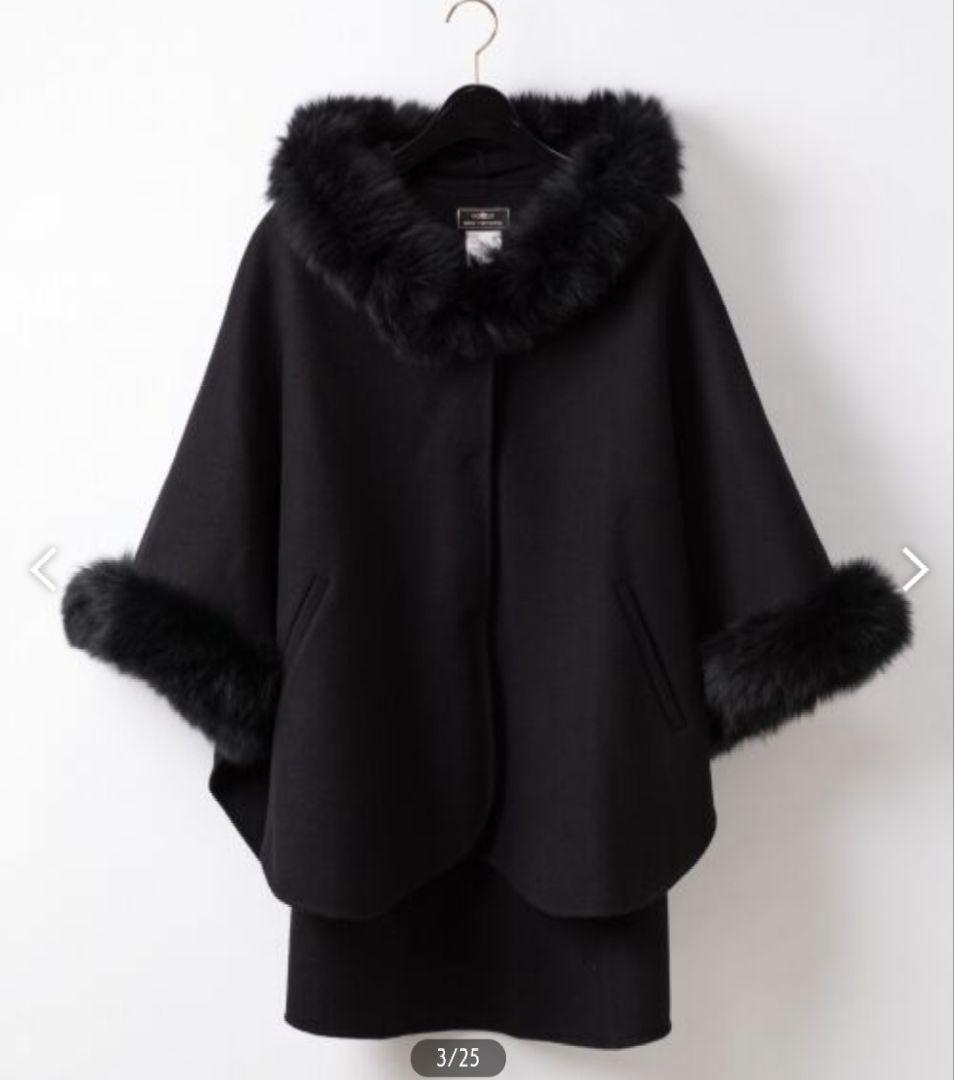 グレースコンチネンタル　ファー付フードポンチョ　ブラック　フォックスファー